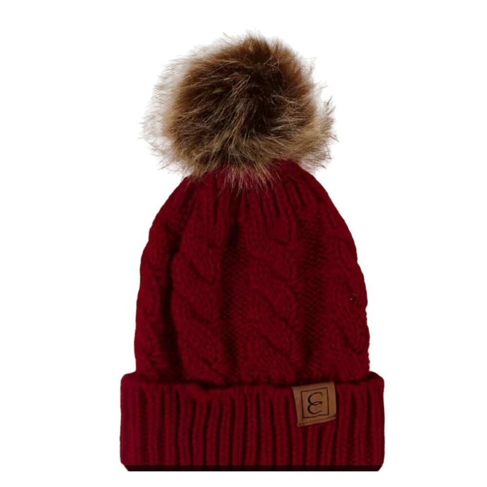 CC Women Oversized Single Pom Knit Beanie Burgandy skuo-hats